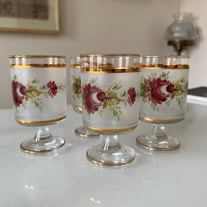 Vintage Set of 4 Floral & Gold Glasses